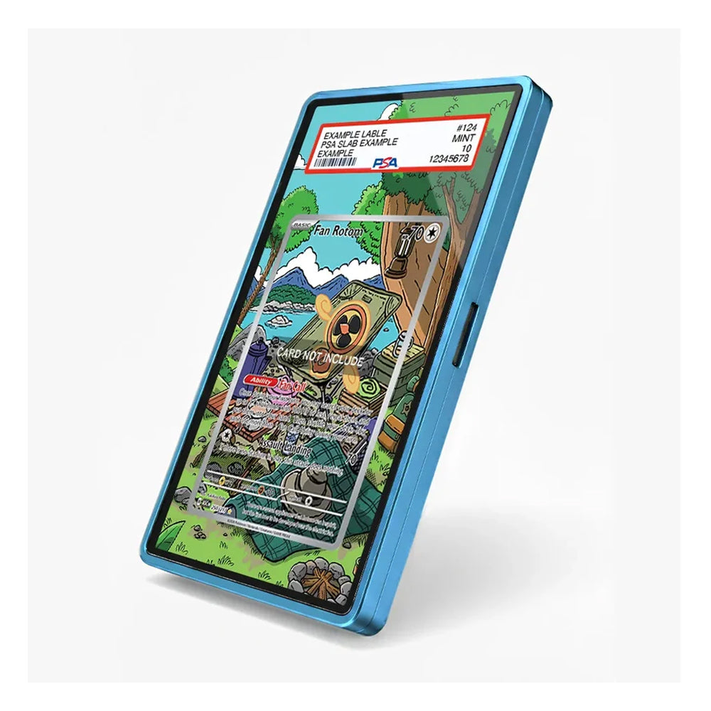 A blue metallic slim card case shown at an angle on a light gray background, displaying a colorful sample card insert inside a phone-like mockup.
