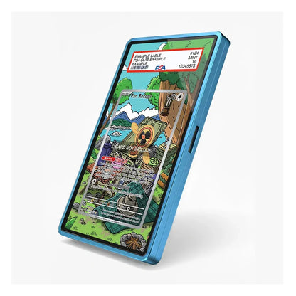 A blue metallic slim card case shown at an angle on a light gray background, displaying a colorful sample card insert inside a phone-like mockup.