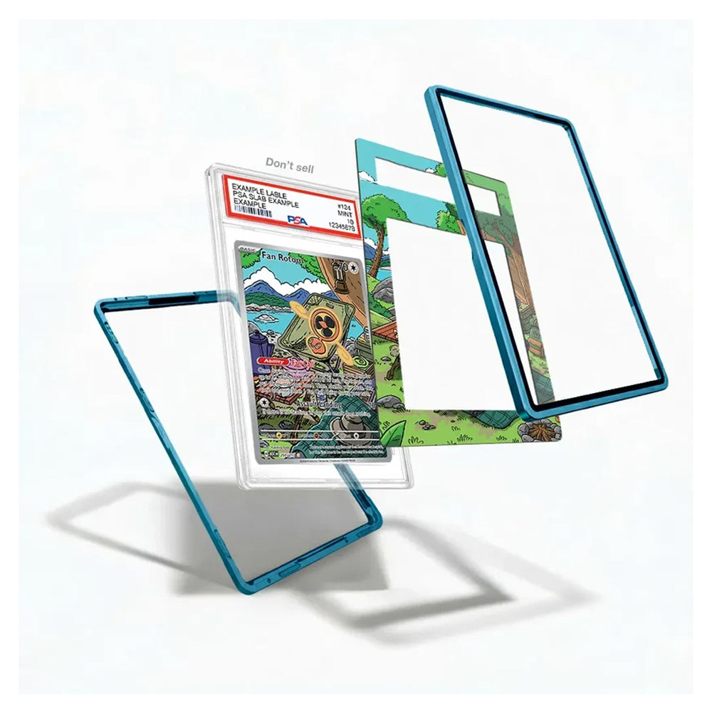 A set of custom Pokémon trading card sleeves and frames, including a clear acrylic case holding a graded Young Judge Challenge Card, surrounded by three blue metal frames on a white background.