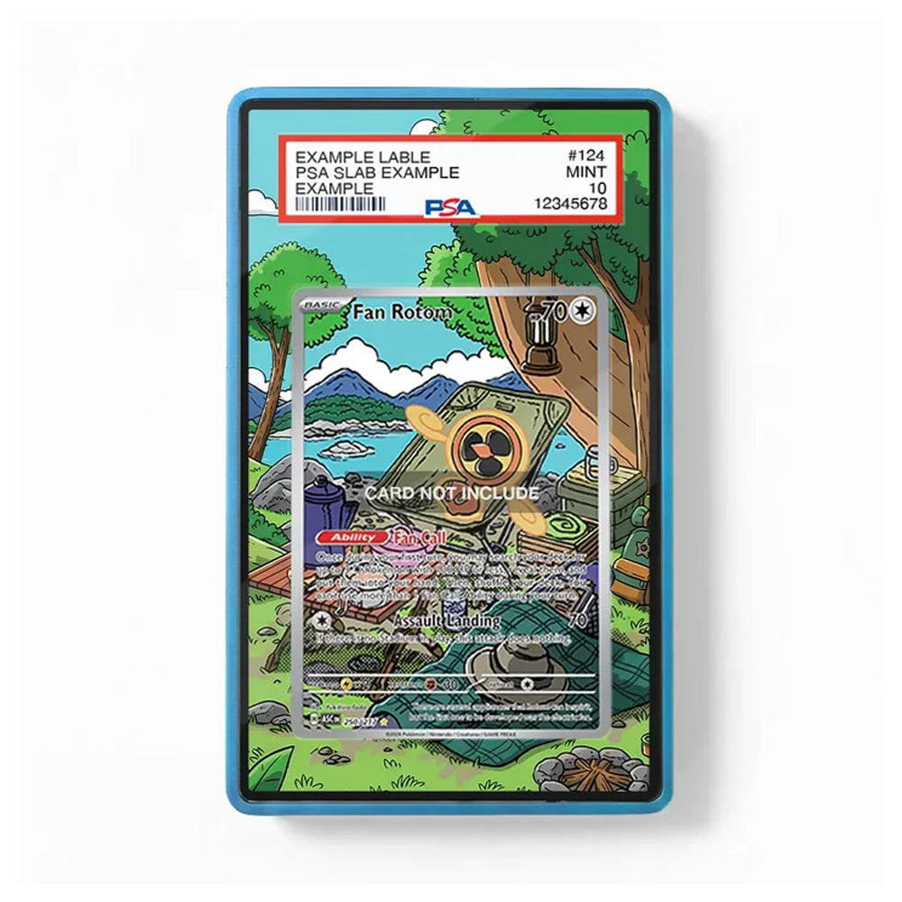 A collectible PSA graded card slab showing a fantasy trading card design with a blue border and a graded label at the top. The slab is photographed on a clean white background.