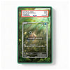 A PSA graded protective slab for a Pokémon card, featuring a green border and a sample label at the top. The slab is shown on a clean white background, with a sample Feathos card visible inside.