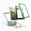 A clear acrylic display card holder with a translucent green frame, shown in multiple angles around a graded Pokémon TCG card. The product is displayed on a clean white background with soft shadows.