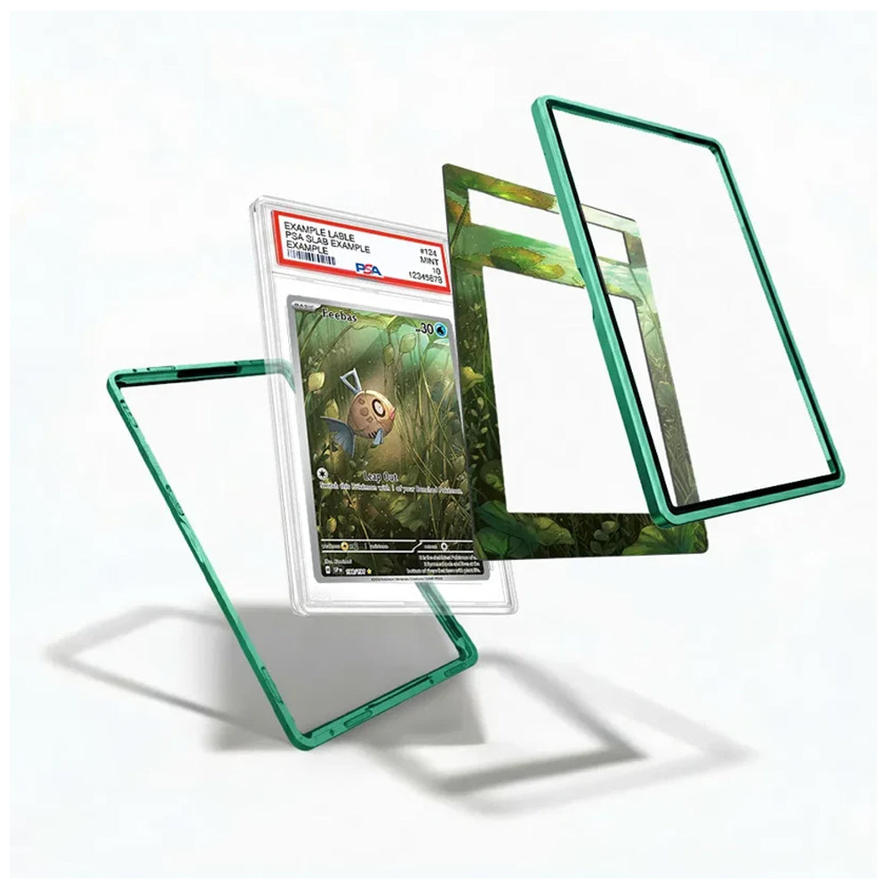 A clear acrylic display card holder with a translucent green frame, shown in multiple angles around a graded Pokémon TCG card. The product is displayed on a clean white background with soft shadows.