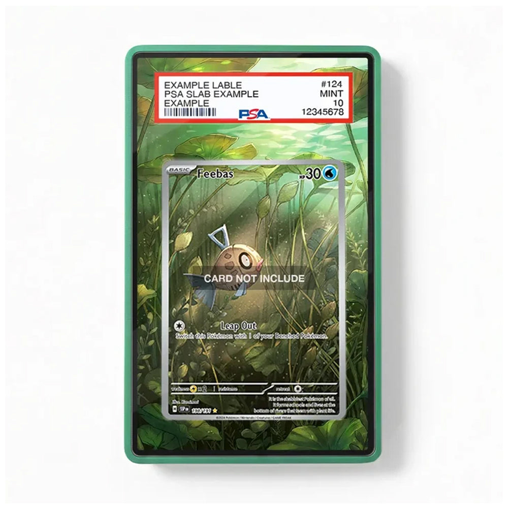 A PSA graded protective card case with a green border, displaying a holographic sample card featuring a Feebas. The top label shows PSA branding and grading details.