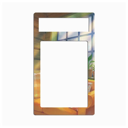 A rectangular wall plate cover featuring a colorful, painterly illustration of a cozy living room with a window, warm sunlight, and yellow-orange chairs, shown against a plain white background.