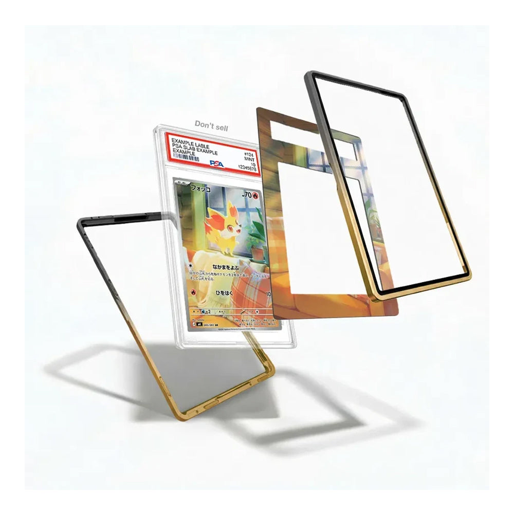 Three transparent protective frames for Pokémon trading cards, shown floating around a graded card on a clean white background.