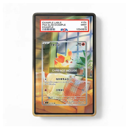 A PSA graded sample Pokémon card in a clear protective slab with a gold-toned border, shown against a plain white background. The slab includes a PSA grading label at the top and a sample Foxy card design visible inside.