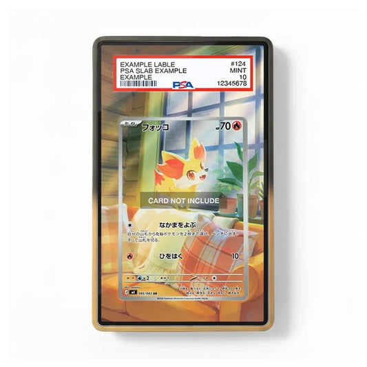 A PSA graded sample Pokémon card in a clear protective slab with a gold-toned border, shown against a plain white background. The slab includes a PSA grading label at the top and a sample Foxy card design visible inside.