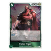 A single trading card featuring the character Fisher Tiger from Fish-Man/The Sun Pirates, with artwork of a muscular tiger-like fish-man warrior in red and purple tones, a green health bar, and game text including 5 and 6000.