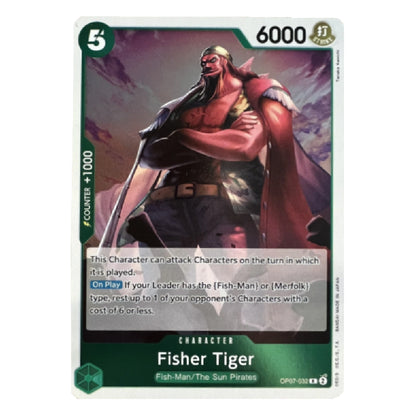 A single trading card featuring the character Fisher Tiger from Fish-Man/The Sun Pirates, with artwork of a muscular tiger-like fish-man warrior in red and purple tones, a green health bar, and game text including 5 and 6000.