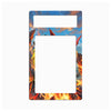 A rectangular decorative plate or frame with rounded corners, featuring a fantasy illustration of fiery orange and yellow flames against a blue sky, with two blank white rectangular cutouts near the top.
