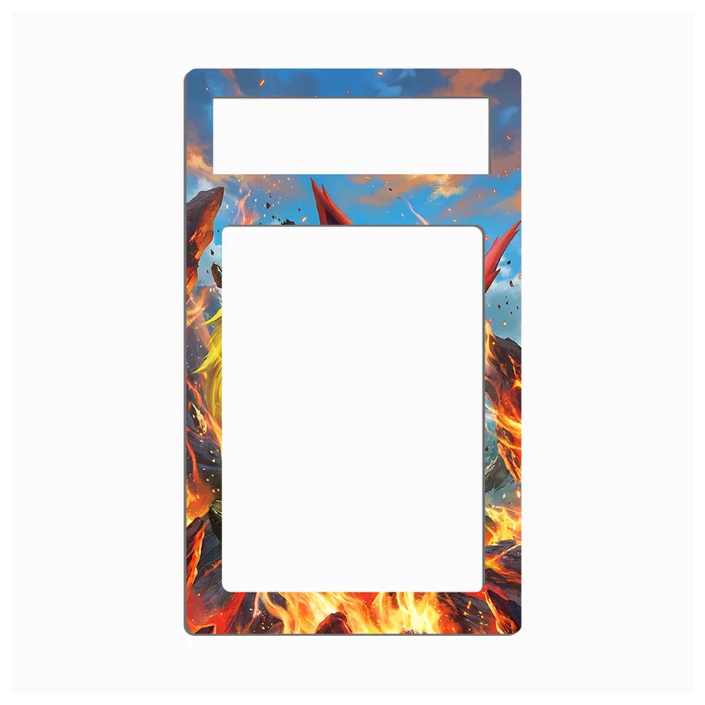 A rectangular decorative plate or frame with rounded corners, featuring a fantasy illustration of fiery orange and yellow flames against a blue sky, with two blank white rectangular cutouts near the top.