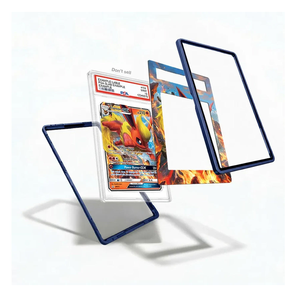 Three clear protective card sleeves with dark blue borders are shown floating on a white background, with one sleeve containing a Pokémon trading card and another sleeve showing a colorful printed insert design.