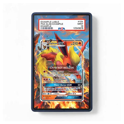 A rectangular black-framed display or mockup holding multiple Pokémon trading cards, centered on a light gray background. The visible card artwork shows Flareon GX with fiery orange, yellow, and blue artwork, plus a red header area with sample text and a PTA logo.