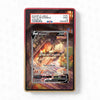 Trading card in a protective case with a label on a white background