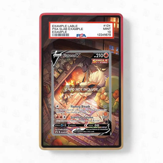 Trading card in a protective case with a label on a white background