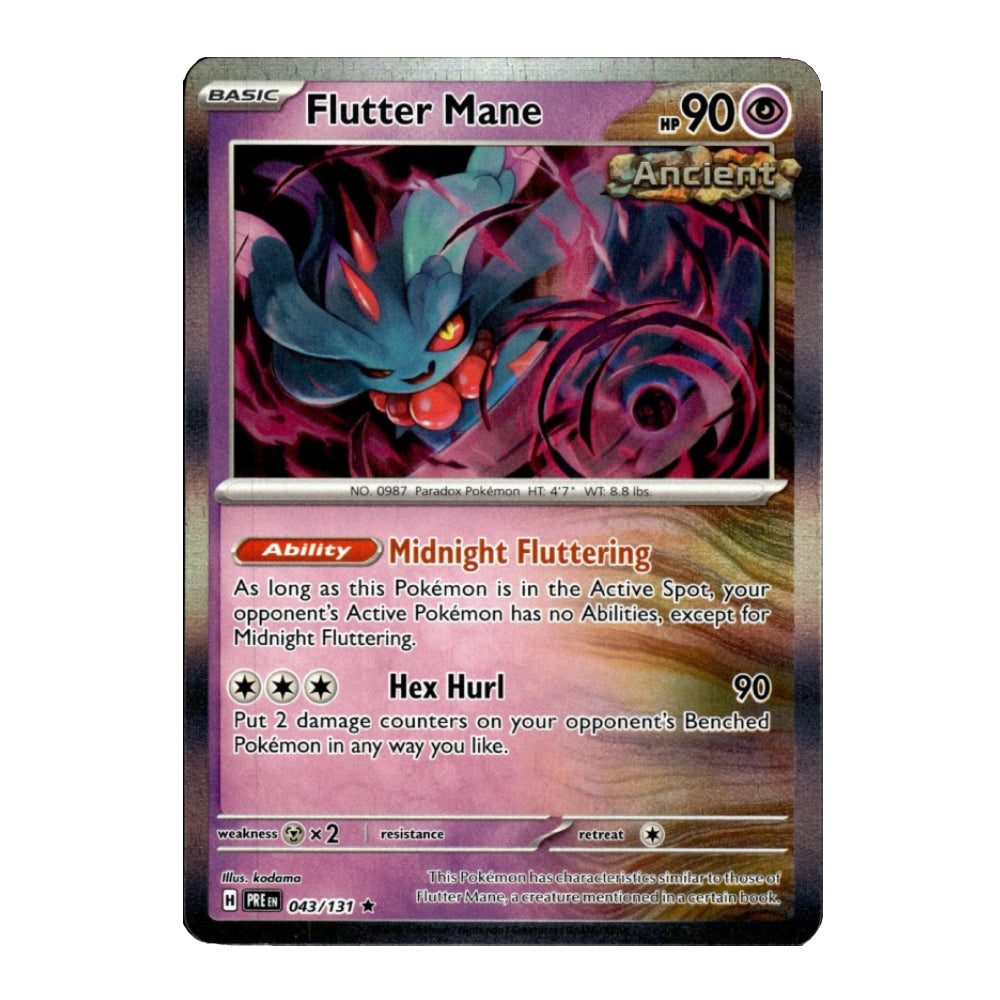 A single Pokémon trading card for Flutter Mane from the Basic Set, shown against a plain white background. The card features artwork of a blue and red dragon-like creature with purple shadows, and the card frame is silver with a gold border.