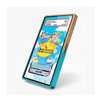 A slim rectangular tablet or e-reader device shown at an angle on a light gray background. The screen displays a colorful Pokémon trading card mockup, and the device has a metallic teal-blue front edge with a light wood-toned top frame.