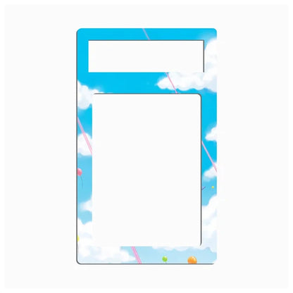 A rectangular photo frame insert with rounded corners, featuring a sky and clouds pattern. The top section has a smaller horizontal slot, and the main body has a larger vertical slot, both filled with a solid white placeholder area.