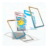 A set of transparent phone screen protectors with colored borders, shown floating around a graded Pokémon TCG card on a clean white background.