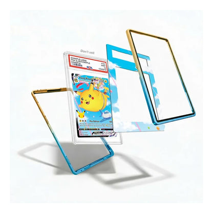 A set of transparent phone screen protectors with colored borders, shown floating around a graded Pokémon TCG card on a clean white background.