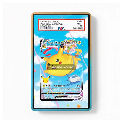 A framed art print featuring a colorful retro-style Pokémon card design with a large yellow balloon character on a light blue background, shown against a plain white wall.