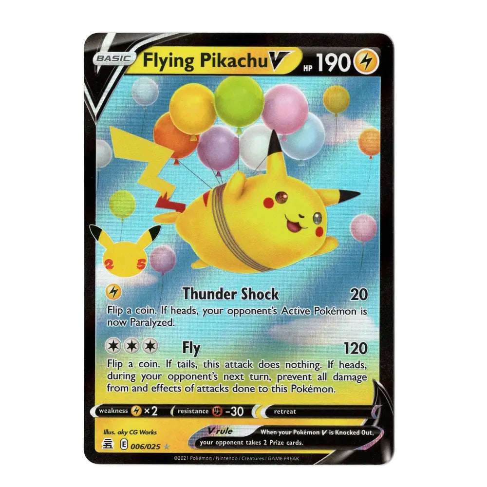 A single Pokémon trading card featuring Flying Pikachu, shown against a plain white background. The card has a black border, a blue sky illustration with colorful balloons, and visible text including 'BASIC', 'Flying Pikachu V', '190', and move names like 'Thunder Shock' and 'Fly'.