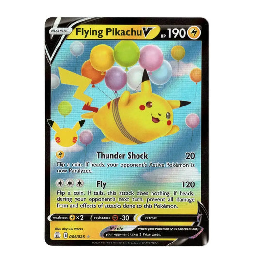 A single Pokémon trading card featuring Flying Pikachu, shown against a plain white background. The card has a black border, a blue sky illustration with colorful balloons, and visible text including 'BASIC', 'Flying Pikachu V', '190', and move names like 'Thunder Shock' and 'Fly'.