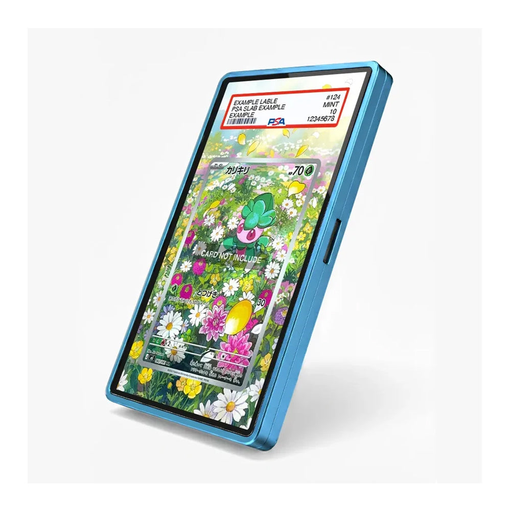 A blue protective phone case shown at an angle, displaying a colorful floral screen protector design. The case has a metallic blue border and a side button cutout, set against a clean white background.
