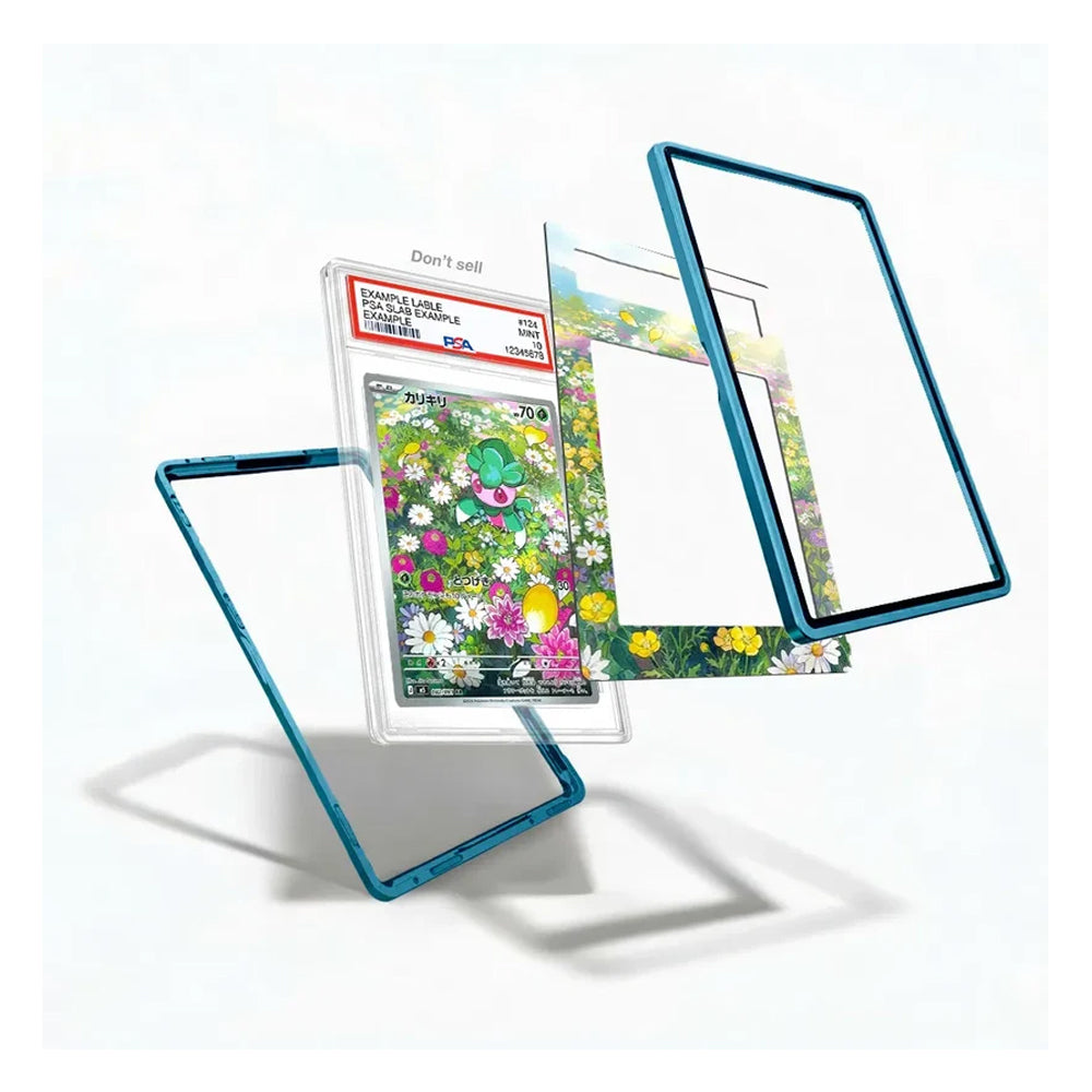 A set of smartphone screen protectors with a translucent teal-blue border and a colorful floral print, shown floating around a graded collectible card on a clean white background.
