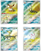 Four Eevee evolution cards from different generations on a white background