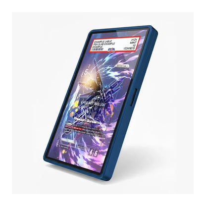 A blue protective phone case shown on a smartphone, featuring a sample holographic card graphic on the screen, set against a clean white background.