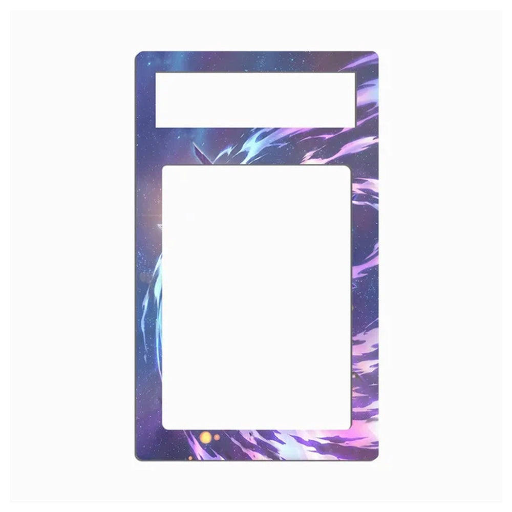A rectangular decorative frame or plate with a purple and blue galaxy/nebula print, featuring a large central cutout and a smaller horizontal cutout near the top, shown on a plain white background.