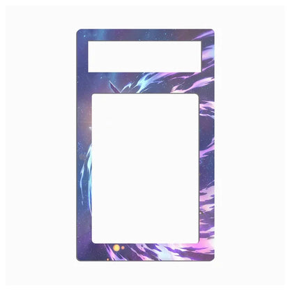 A rectangular decorative frame or plate with a purple and blue galaxy/nebula print, featuring a large central cutout and a smaller horizontal cutout near the top, shown on a plain white background.
