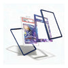 Three clear protective card sleeves with dark blue borders are shown floating around a graded holographic card in a clear plastic holder on a white background.