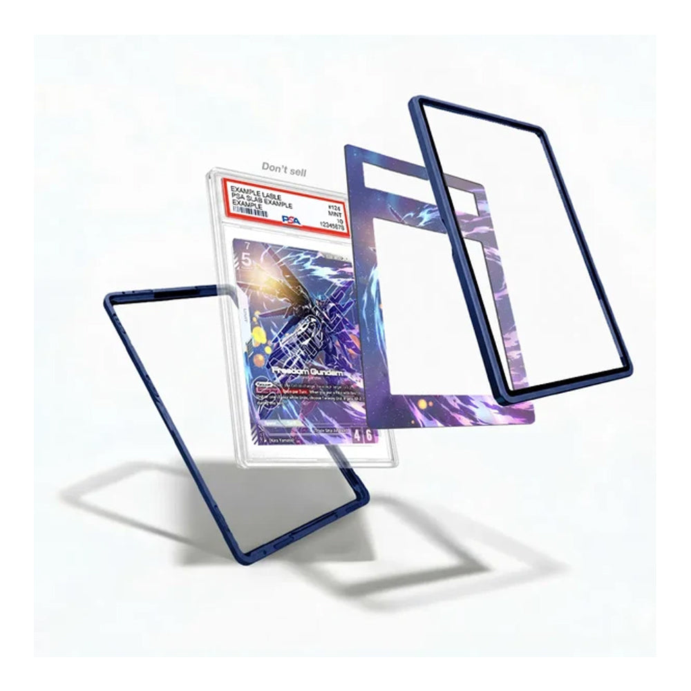 Three clear protective card sleeves with dark blue borders are shown floating around a graded holographic card in a clear plastic holder on a white background.
