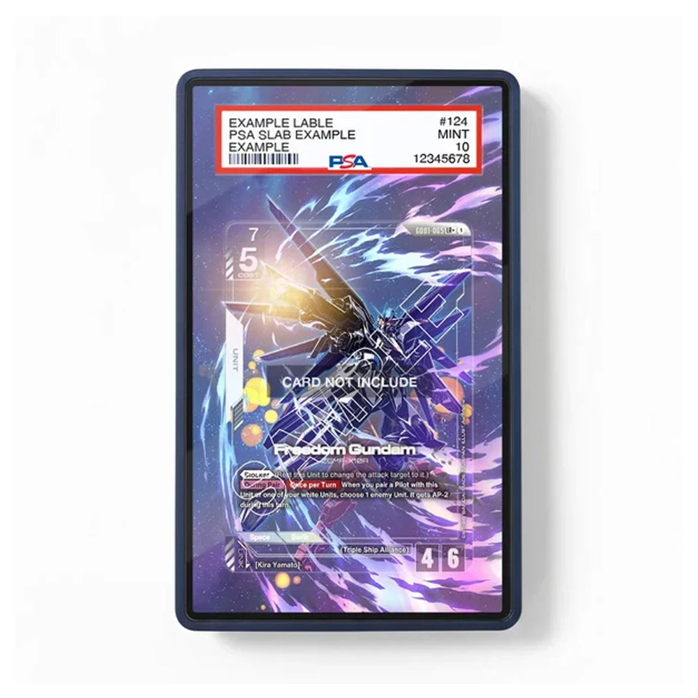 A PSA-graded collectible card featuring a Gundam character on a purple and blue cosmic background, shown in a clear slab with a black border and a red grading label at the top. The slab is photographed on a clean white background.