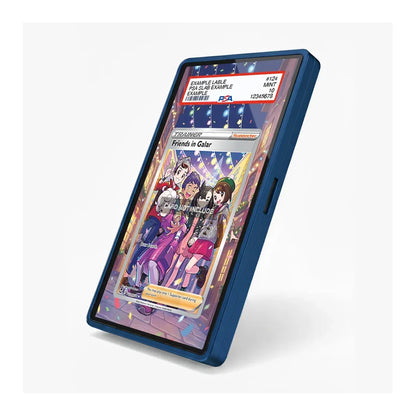 A blue protective phone case shown at an angle, displaying a colorful anime-themed screen mockup on a clean white background.