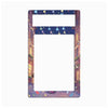 A decorative rectangular frame or mat with a large blank white center and a colorful illustrated border showing a street scene with warm lights, blue sky, and confetti.