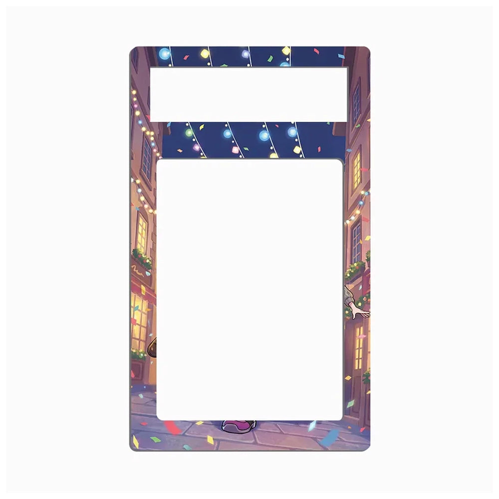 A decorative rectangular frame or mat with a large blank white center and a colorful illustrated border showing a street scene with warm lights, blue sky, and confetti.