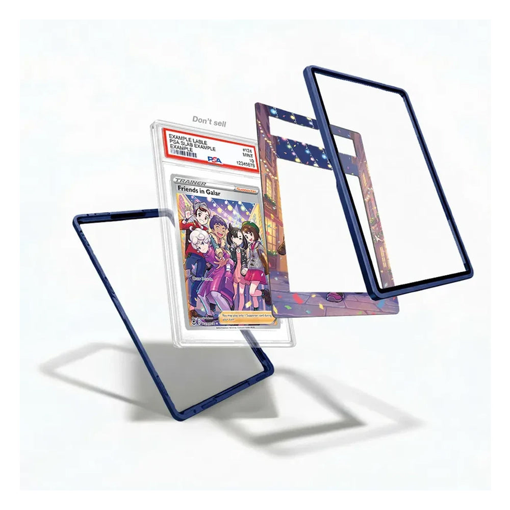 A set of custom anime card sleeves and frames shown floating around a graded PSA graded card on a clean white background.