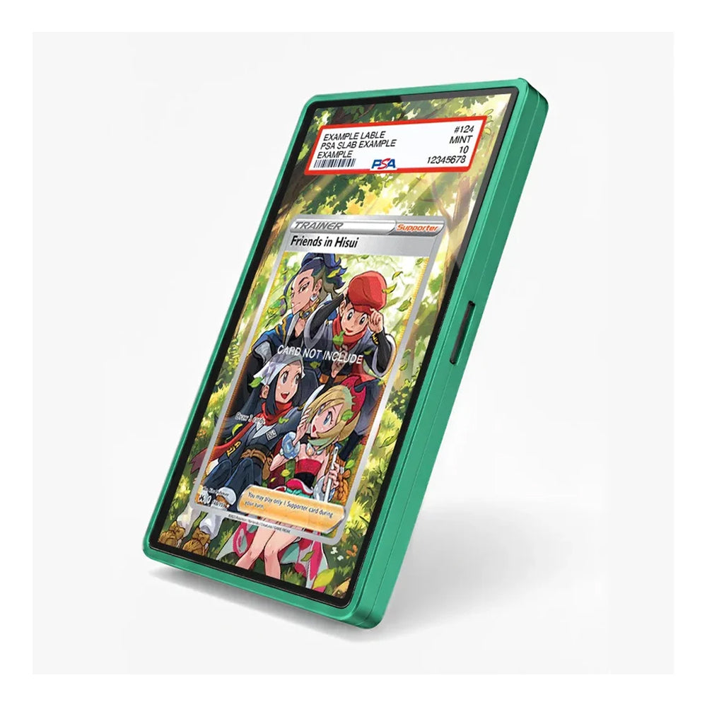 A green protective phone case with a clear window displaying a Pokémon trading card insert, shown at an angle on a light gray background.