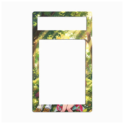 A rectangular decorative frame or mat with rounded corners, featuring an anime-style forest illustration in green, yellow, and brown tones. The top and bottom sections have cutouts, with the bottom cutout showing a small portion of a colorful illustrated design.