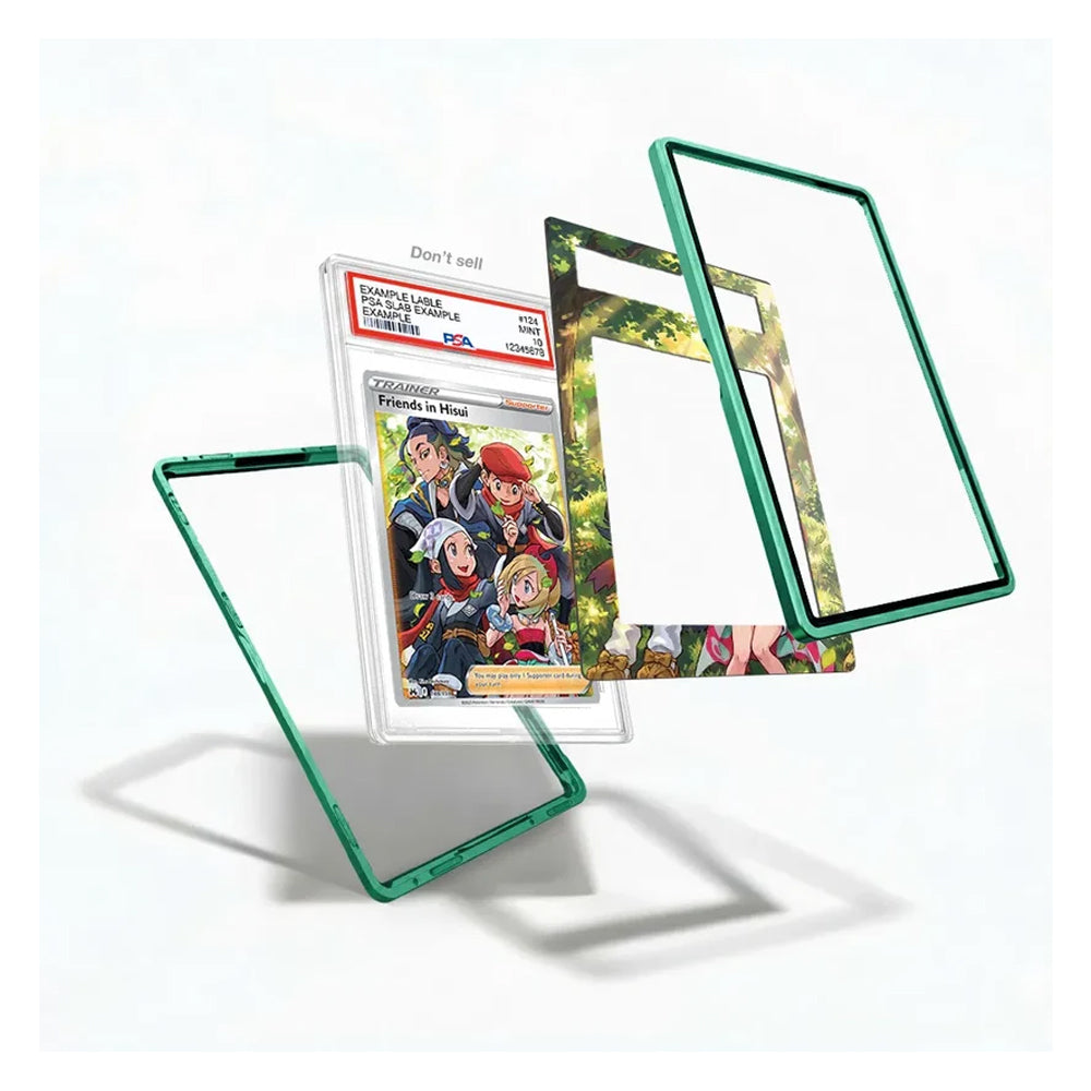 A set of transparent screen protectors with green borders and one printed insert card featuring anime characters, shown floating on a clean white background.