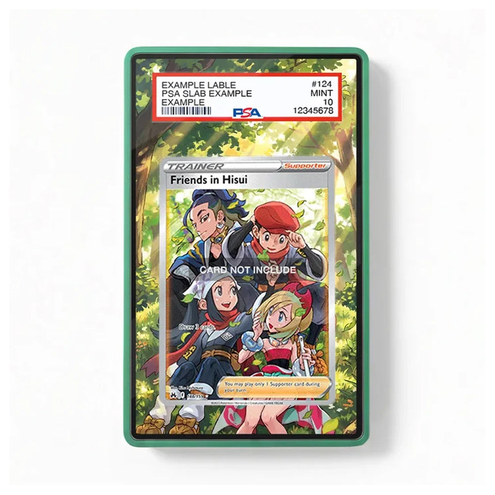 A PSA graded collectible card slab containing a Pokémon Trainer card, shown against a plain white background. The slab has a green border and a red PSA label at the top.