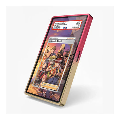A smartphone shown at an angle with a translucent pink outer bumper and a gold inner frame, displaying a Pokémon trading card game screen on the phone. The phone is photographed on a clean white studio background.