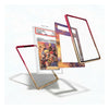 A floating product render showing a clear acrylic display card holder with a Pokémon trading card inside, surrounded by three metallic frame-like borders in red, gold, and silver on a white background.