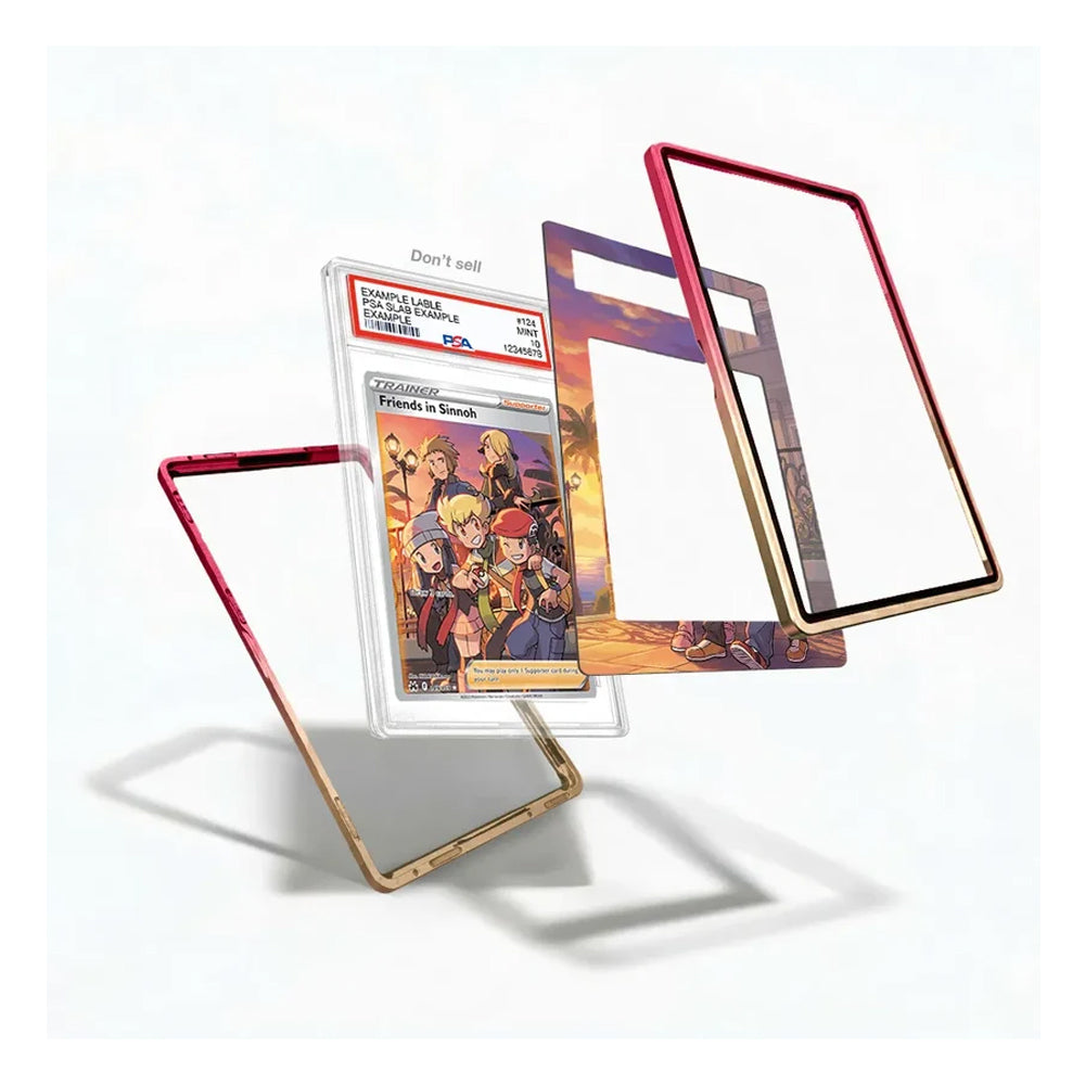 A floating product render showing a clear acrylic display card holder with a Pokémon trading card inside, surrounded by three metallic frame-like borders in red, gold, and silver on a white background.