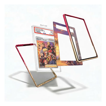 A floating product render showing a clear acrylic display card holder with a Pokémon trading card inside, surrounded by three metallic frame-like borders in red, gold, and silver on a white background.
