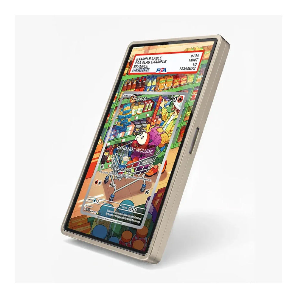 A slim rectangular electronic device with a metallic silver-gray frame, shown standing at an angle on a light gray background. The screen displays a colorful illustrated grocery store scene with a shopping cart and a coupon-like graphic.